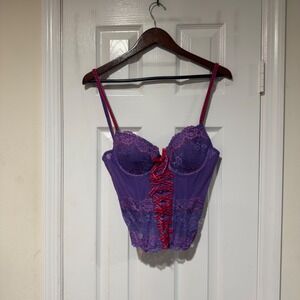 Vintage Y2K Purple Lace Corset Bustier Pink Lace-Up Underwire‎ 36D